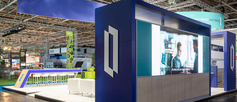 Messestand Intersystems, Messe Cebit, Hannover, Messebau ISINGERMERZ, Softwareentwickler, Messestanddesign