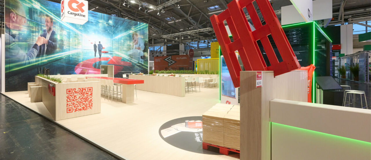 Messestand Cargoline, Messebau München, Messe transport logistic, ISINGERMERZ, Messestanddesign, Messebau