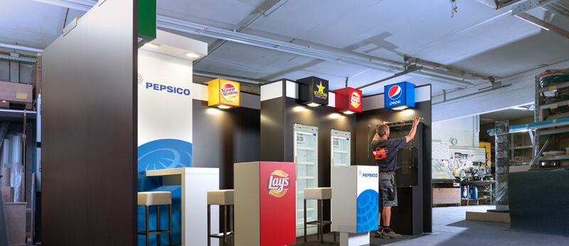 Pepsico Deutschland, variabler Messestand, Eigenaufbau, Kleinmessen, Isingermerz, Schreinerei, Messekonzept