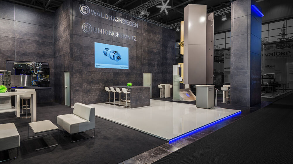 Messestand Waldrichsiegen, UnionChemnitz, Messe EMO, Messebau ISINGERMERZ, Messedesign