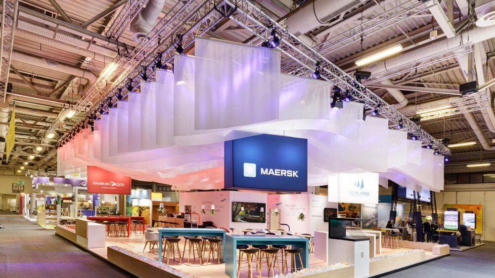 Messestand Hamburg Süd, Maersk, Messe Fruit Logistica, Isingermerz Messedesign