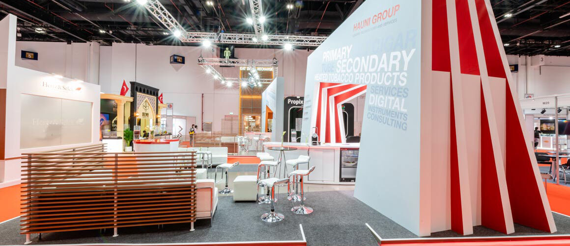 Messestand Hauni, Messe World of Tobacco, Dubai, internationaler Messebau, ISINGERMERZ, Messestand