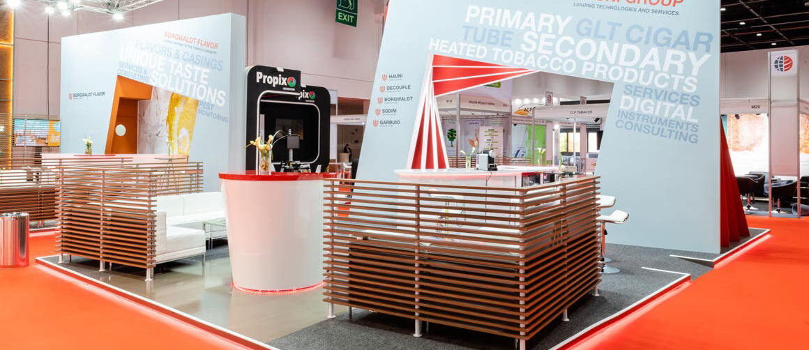 Messestand Hauni, Messe World of Tobacco, Dubai, internationaler Messebau, ISINGERMERZ, Messehandwerk