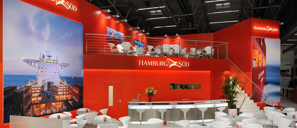 Messestand Hamburg Süd, Messe Transport Logistik, München, Messebau Isingermerz, Messedesign