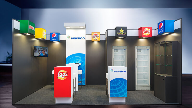 Pepsico Deutschland, variabler Messestand, Eigenaufbau, Kleinmessen, Isingermerz, Schreinerei, Messekonzept