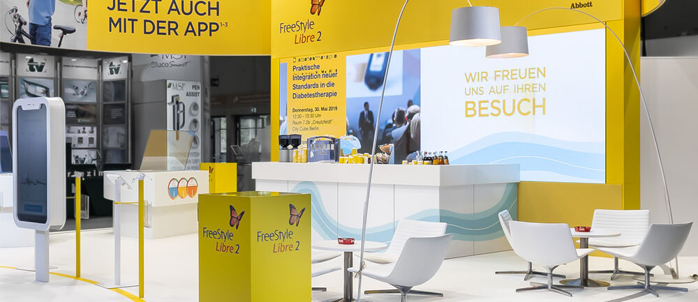 Messestand Abbott, DDG, Frühjahrstagung, Messe, Berlin, FreeStyle Libre, Messebau, ISINGERMERZ, Messestandgestaltung
