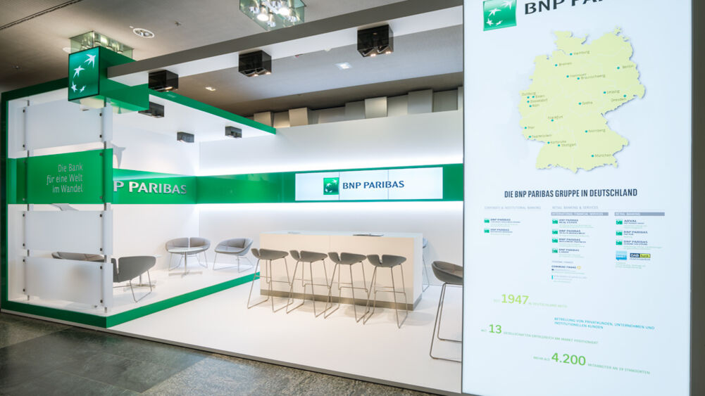 Messestand BNP Paribas, Messe, Kongress, Finanzsymposium Mannheim, Messebau Isingermerz, Messekonzept