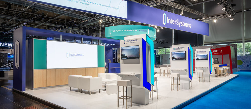 Messestand Intersystems, Messe Cebit, Hannover, Messebau ISINGERMERZ, Softwareentwickler, Messedesign