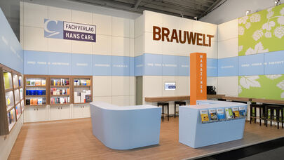 Messestand Fachverlag Hans Carl, Messe Drinktec, Brauwelt, Getränkebranche, Messebau ISINGERMERZ