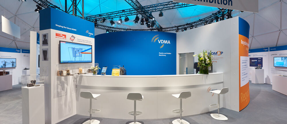 Messebau ISINGERMERZ, VDMA, Messe K, Nachhaltigkeit, Kreislaufwirtschaft, Messestand, Rundbau