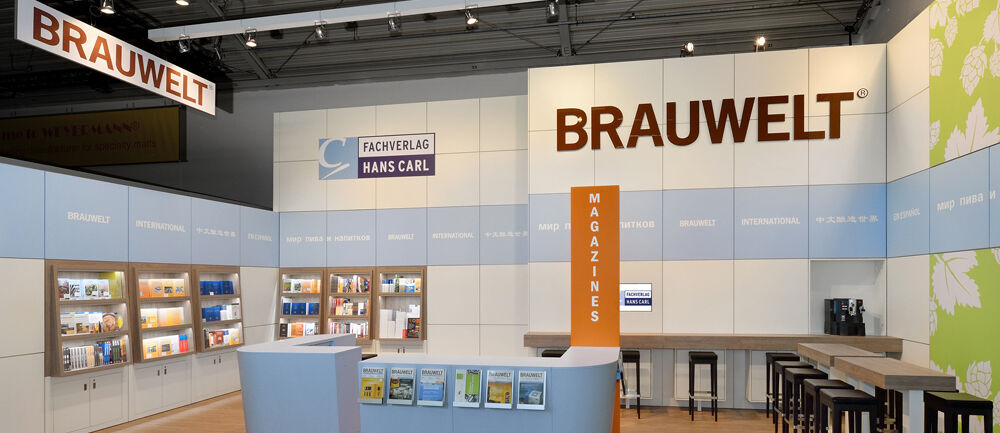 Messestand Fachverlag Hans Carl, Messe Drinktec, Brauwelt, Getränkebranche, Messebau ISINGERMERZ, Messedesign