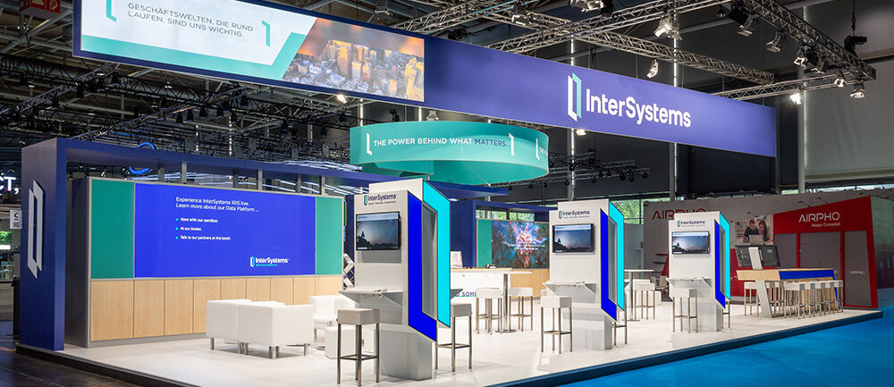 Messestand Intersystems, Messe Cebit, Hannover, Messebau ISINGERMERZ, Softwareentwickler, Messestandgestaltung