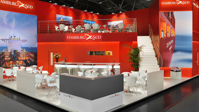 Messestand Hamburg Süd, Messe Transport Logistik, München, Messebau Isingermerz, Messedesign