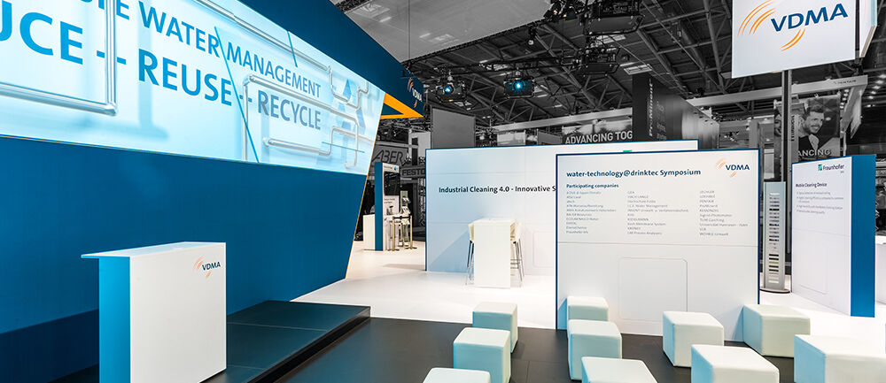 Messestand VDMA, Messe Drinktec, Wassermanagement, Messebau ISINGERMERZ, Getränketechnologie, Messekonzept