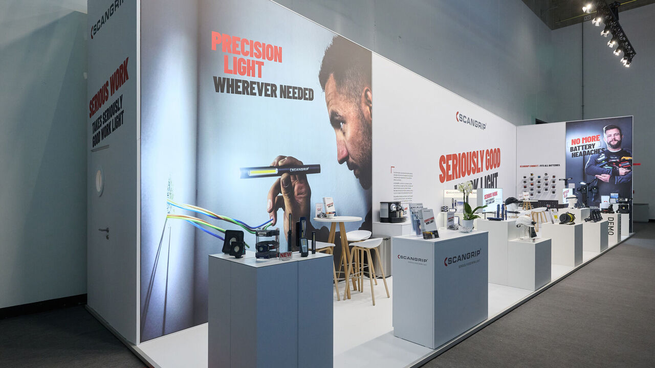 Messestand Scangrip, Messe Light + Building Frankfurt, Messebau ISINGERMERZ